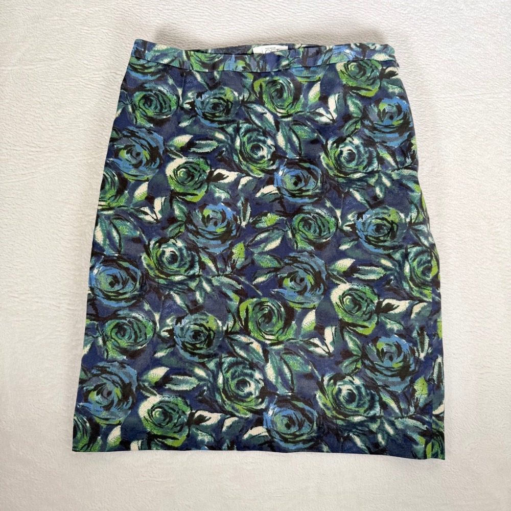 LOFT Blue and Green Painterly Abstract Rose Cotton-Blend Pencil Skirt Sz 6P